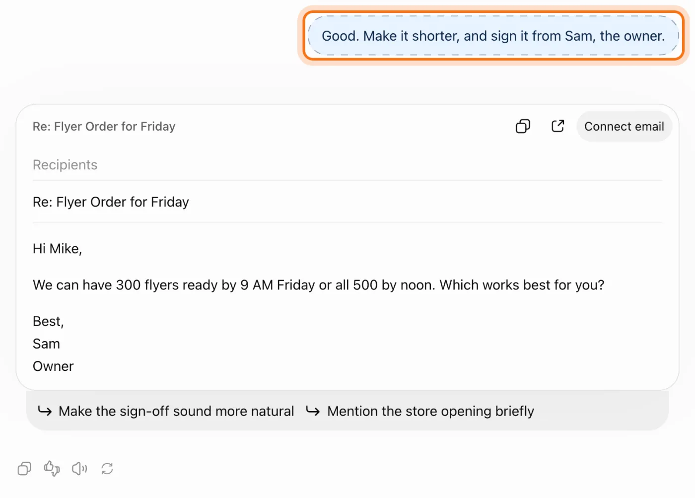 A follow-up asking for a shorter reply signed by Sam, the owner, and the new version below it.