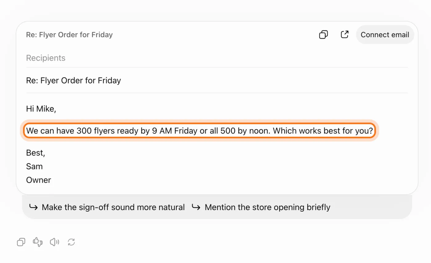 ChatGPT's reply to the flyer order, with the line that promises the pickup times marked.