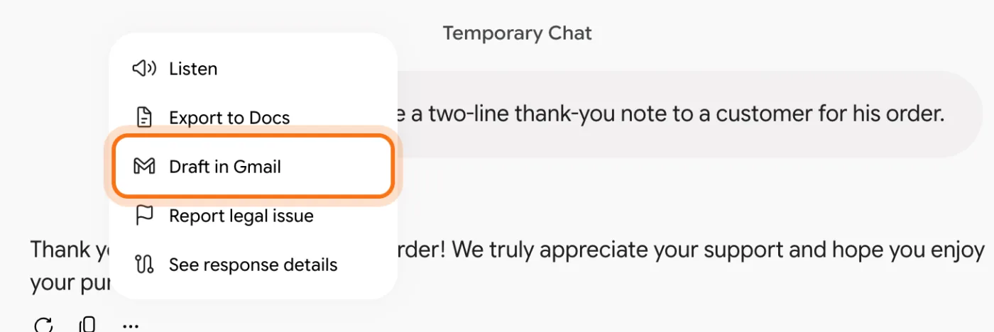 The menu under a Gemini answer open, with "Draft in Gmail" marked.